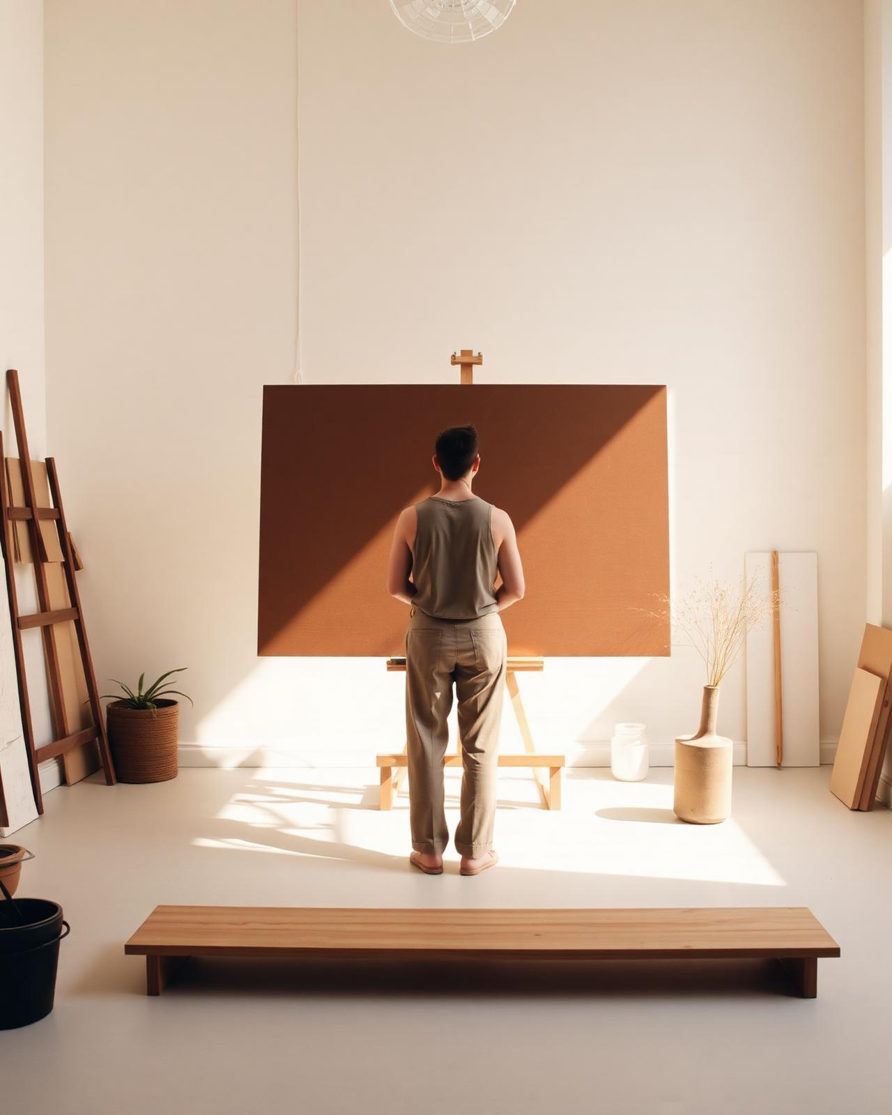 Artist working in studio with canvas